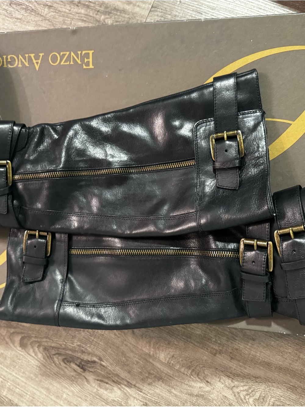 Enzo Angiolini Black Over-the-Knee Leather Boots with Brass Buckles